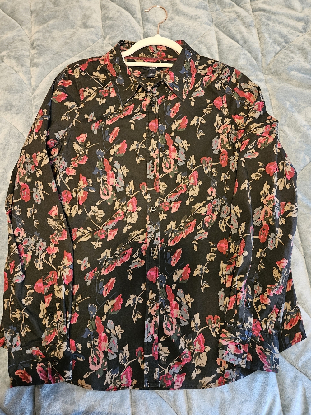 Chaps Black Floral Button-Down Shirt with Pink Accents